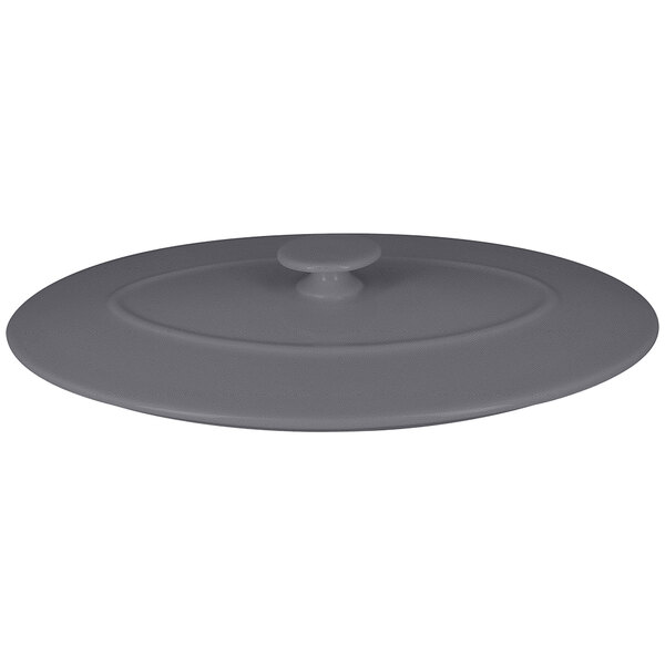 A stone gray RAK Porcelain Chef's Fusion oval lid with a circular handle.