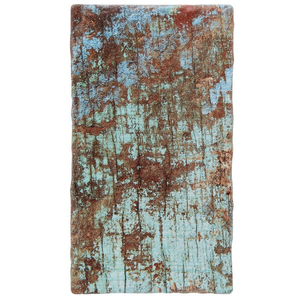 A close-up of American Metalcraft faux reclaimed wood melamine rectangular serving board with blue and brown wood.
