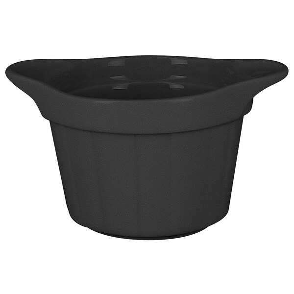 A black porcelain RAK Chef's Fusion ramekin with grooves on the outside.