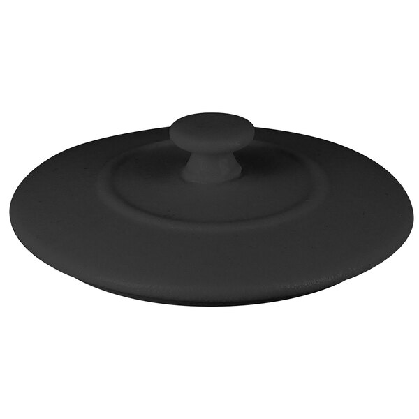 A RAK Porcelain Chef's Fusion black porcelain lid with a round knob.