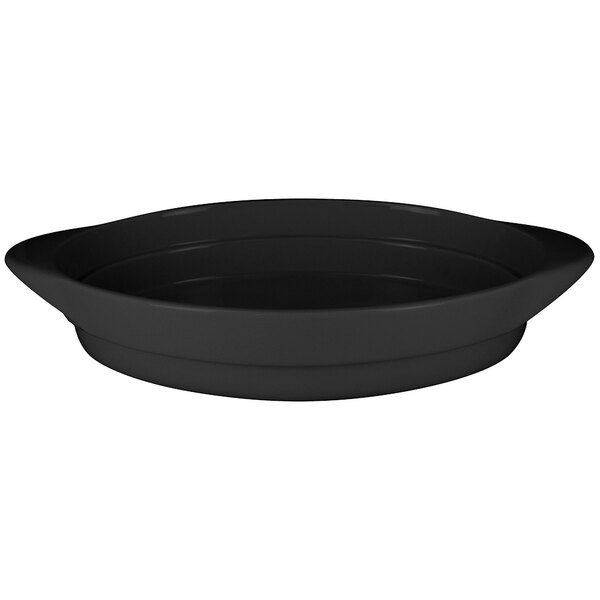 A black oval dish with a handle.