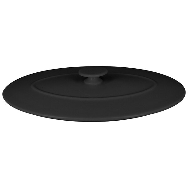 A RAK Porcelain Chef's Fusion Volcano Black oval lid with a circular hole and a handle.