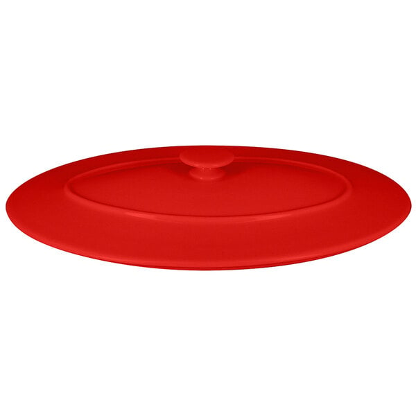 A RAK Porcelain Chef's Fusion ember red porcelain lid on a table.