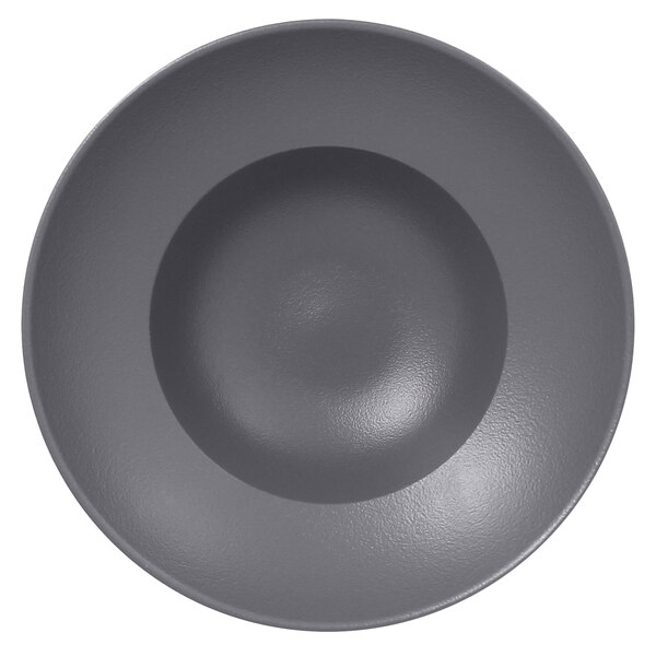A close-up of a grey extra deep porcelain plate.
