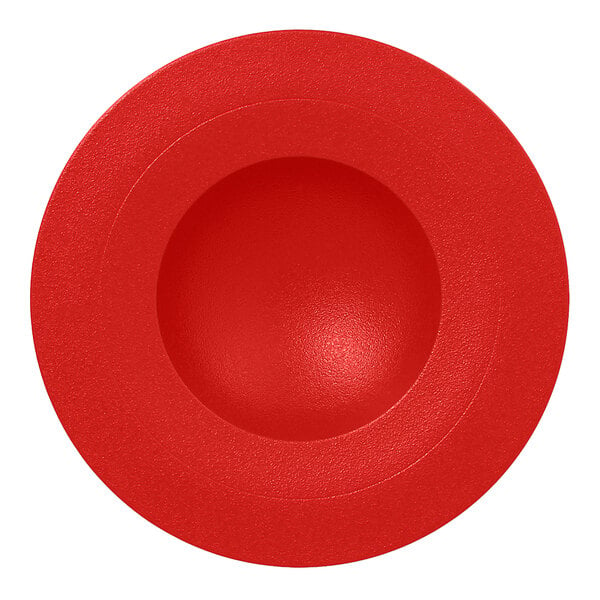 A RAK Porcelain Neo Fusion ember red porcelain deep plate with a round center on a white background.