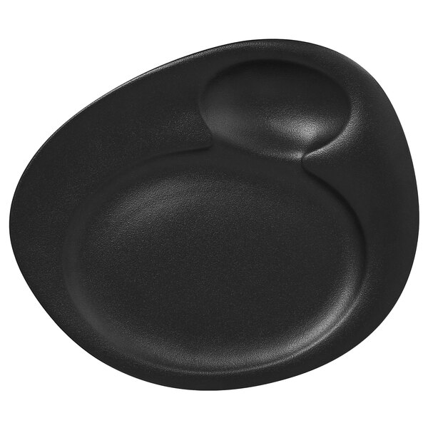 A RAK Porcelain Neo Fusion black porcelain plate with two basins and an oval shape.