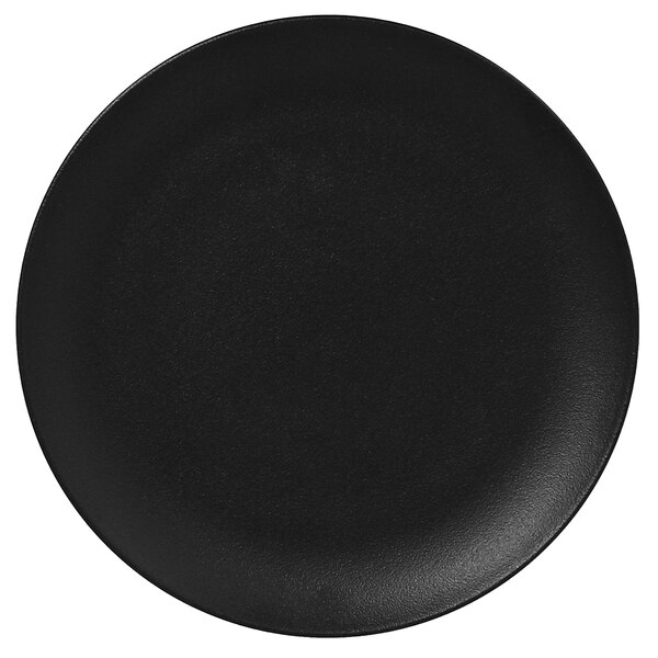 A black RAK Porcelain flat coupe plate.
