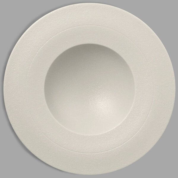 A white porcelain deep plate with a round center.