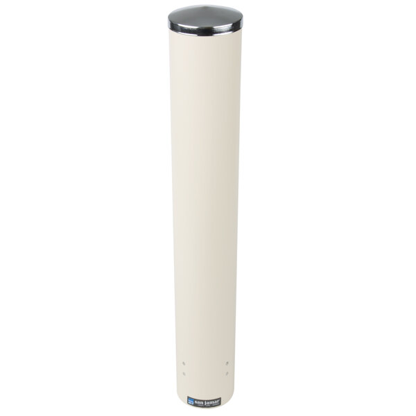 A white cylindrical San Jamar foam cup dispenser with a black handle and silver top.