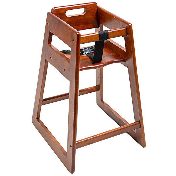 A CSL Youngstar wooden high chair with a black strap.