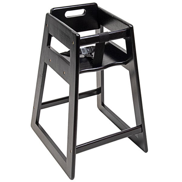 A black CSL Youngstar high chair with a wooden seat and strap.