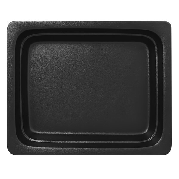 A RAK Porcelain black rectangular gastronorm pan with a lid.