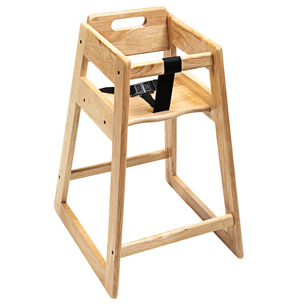 A CSL Youngstar wooden high chair with a black strap.