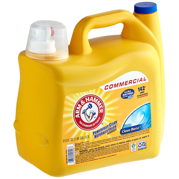 An Arm & Hammer yellow container of liquid laundry detergent with a label.