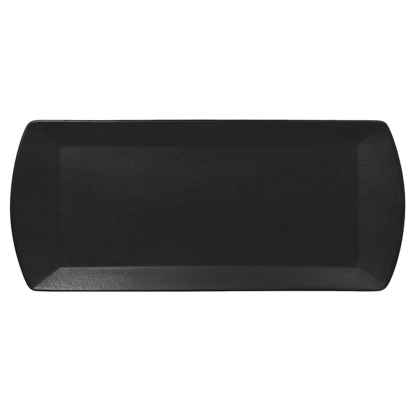 A black rectangular RAK Porcelain sandwich tray with a curved edge.