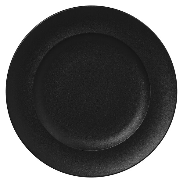 A black porcelain flat plate with a white background.