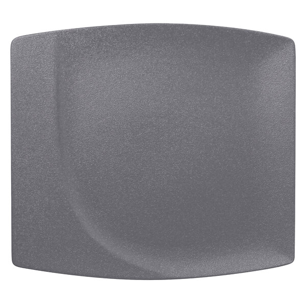 A stone gray square RAK Porcelain Neo Fusion flat plate with a curved edge.