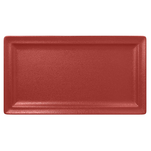 A red rectangular RAK Porcelain Neo Fusion plate.