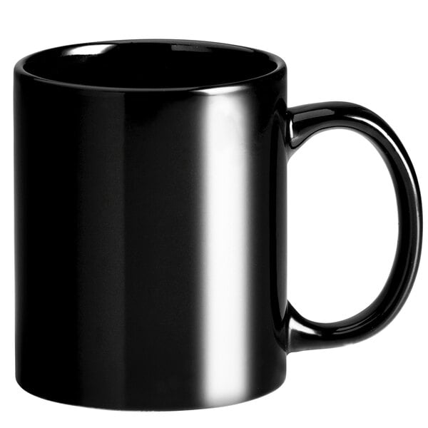 An Acopa black stoneware C-handle mug.