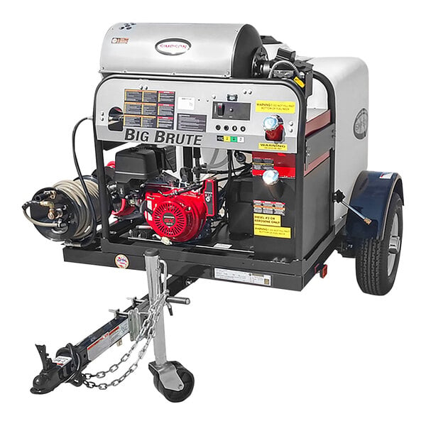 A Simpson gas powered trailer pressure washer with a red Honda engine.