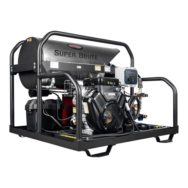 A Simpson Super Brute hot water pressure washer with a black frame and large cylinder with a hose attached.