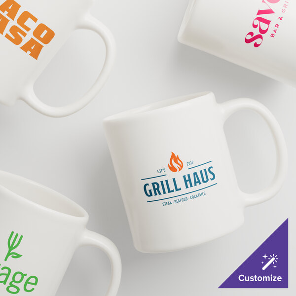 A set of customizable ivory stoneware mugs with C-handles, each featuring different printed logos.