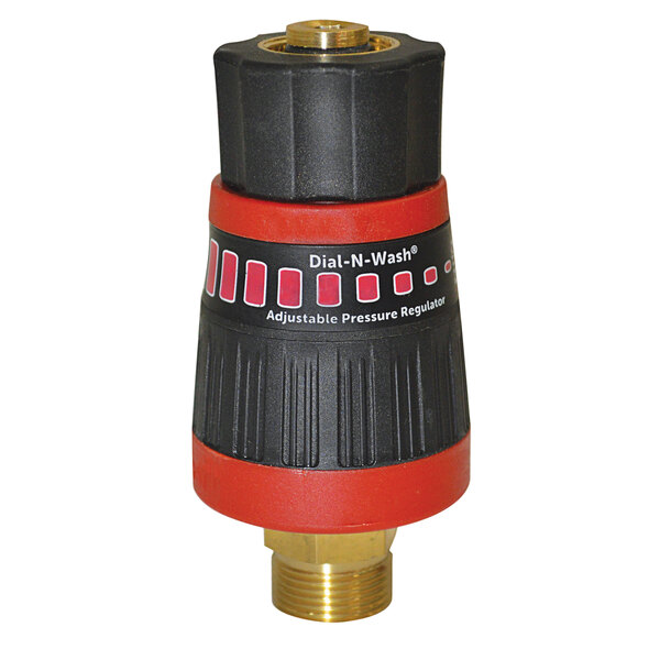 A close-up of a red and black Simpson Dial-N-Wash pressure regulator.