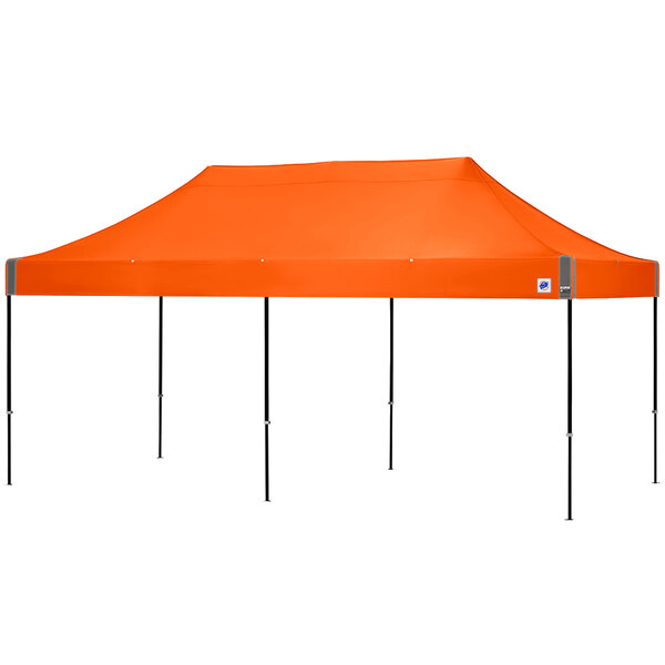 An orange rectangular E-Z Up tent with black poles.