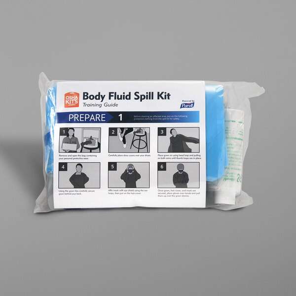 A white package with a plastic bag of Purell body fluid spill kit inside.