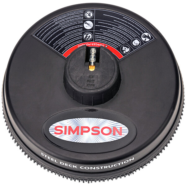 A black circular Simpson surface cleaner for pressure washers with a logo and text on it.