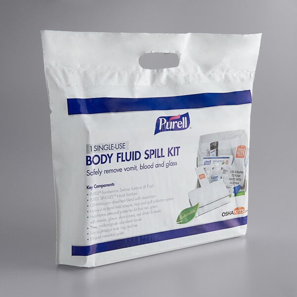 A white Purell body fluid spill kit bag with blue and white text.