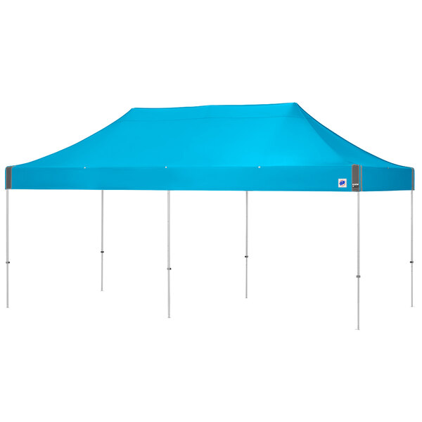 A blue rectangular E-Z Up canopy with white poles.
