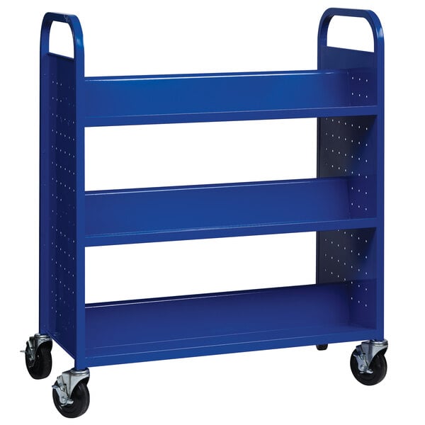 A blue Hirsh Industries 6-shelf book cart with wheels.