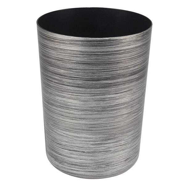 A black and brushed metal cylindrical wastebasket with silver hand-painted accents.