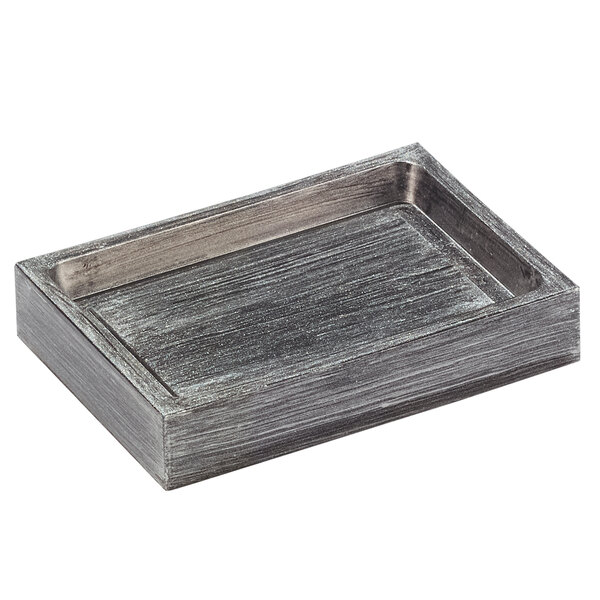 A rectangular black metal soap dish with a silver edge.