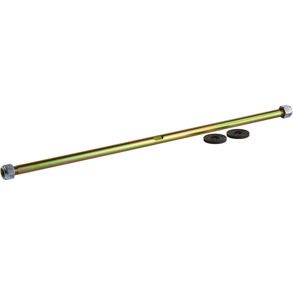 A long metal rod with a green center and round black discs on the ends.