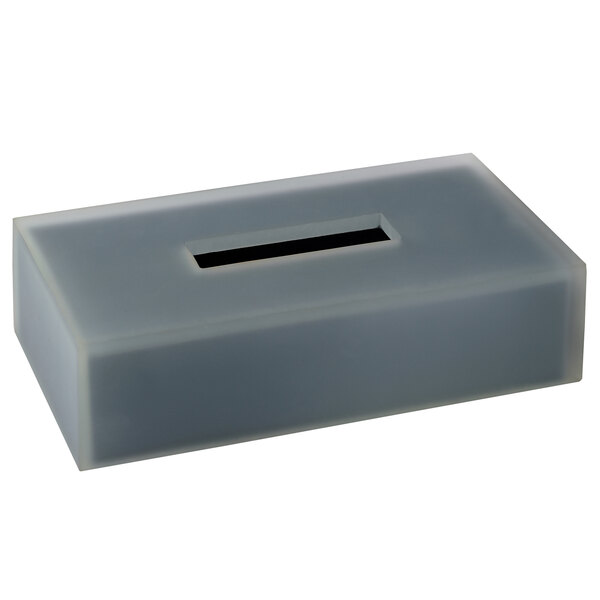 A white rectangular tissue box cover with a black stripe and rectangular hole in the top.