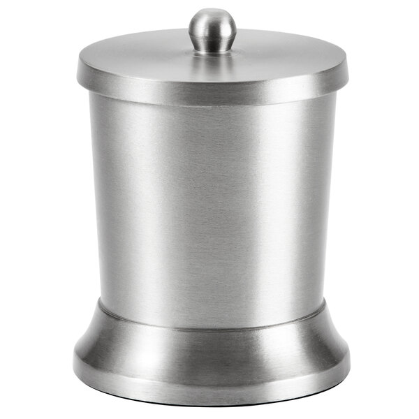 A Focus Hospitality pewter stainless steel round container with a lid.
