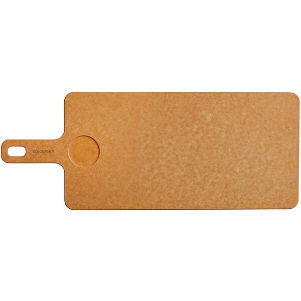 A brown Epicurean Richlite wood fiber cutting and serving board with a handle.