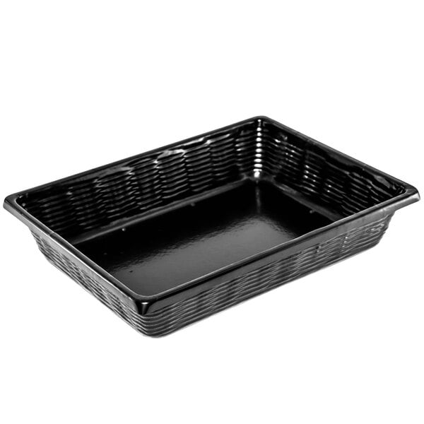 A Marco Company black plastic rectangular basket with holes.