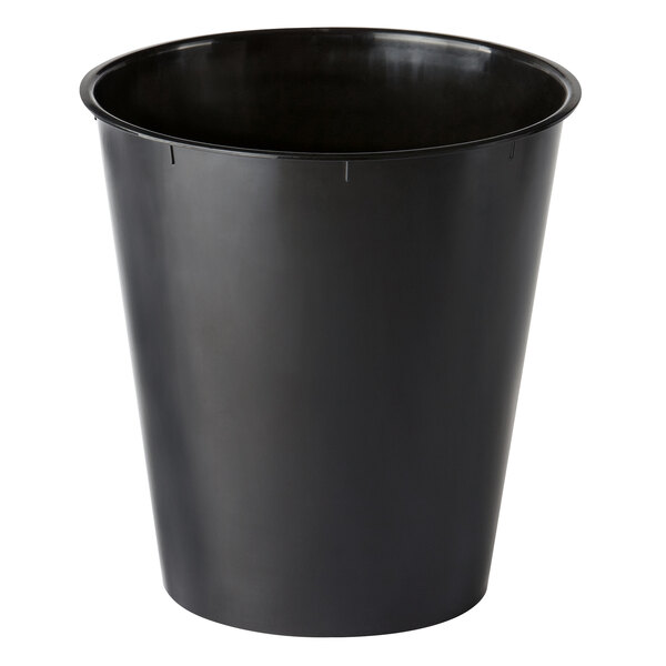 A black plastic round wastebasket.