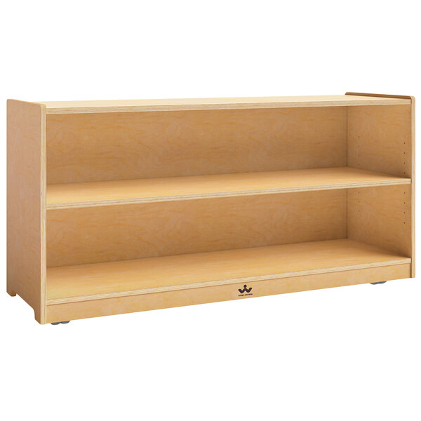 A wooden mobile single shelf cabinet with shelves.