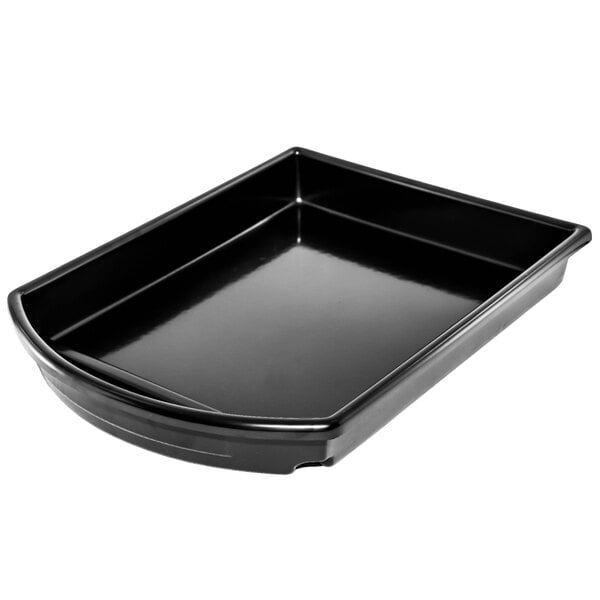 A black rectangular Marco Company plastic produce basket with a curved front on a table in a salad bar.