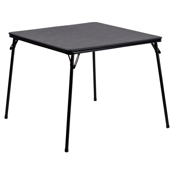 A Flash Furniture square black folding card table with a metal frame and legs.