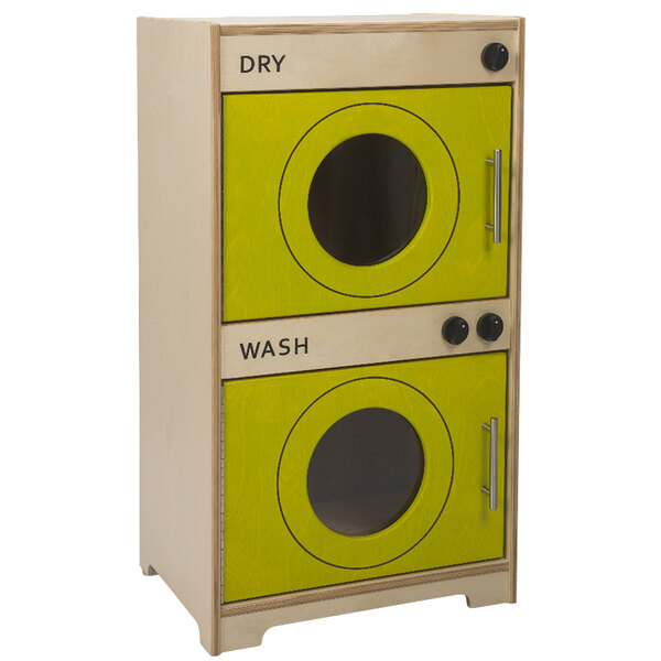 A Whitney Brothers contemporary washer and dryer cabinet with yellow and green doors.