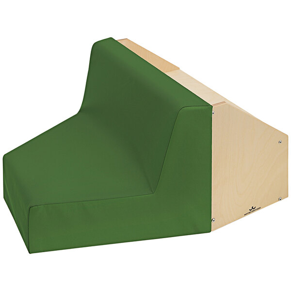 A green cushioned seat on a wooden box with a cover.