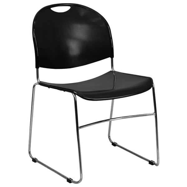 A black Flash Furniture stack chair with chrome legs.