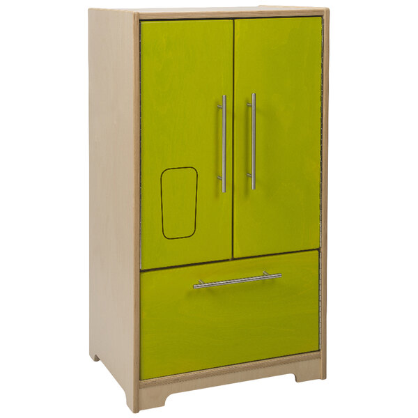 A green and tan wooden Whitney Brothers refrigerator cabinet with two doors.