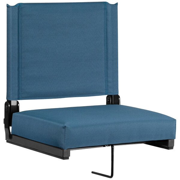 A teal cushioned stadium seat on a black metal frame.