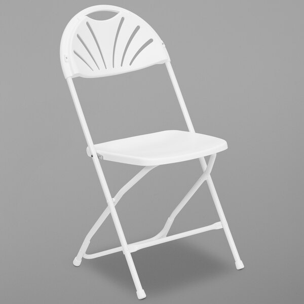 A white Flash Furniture plastic folding chair with a fan back.